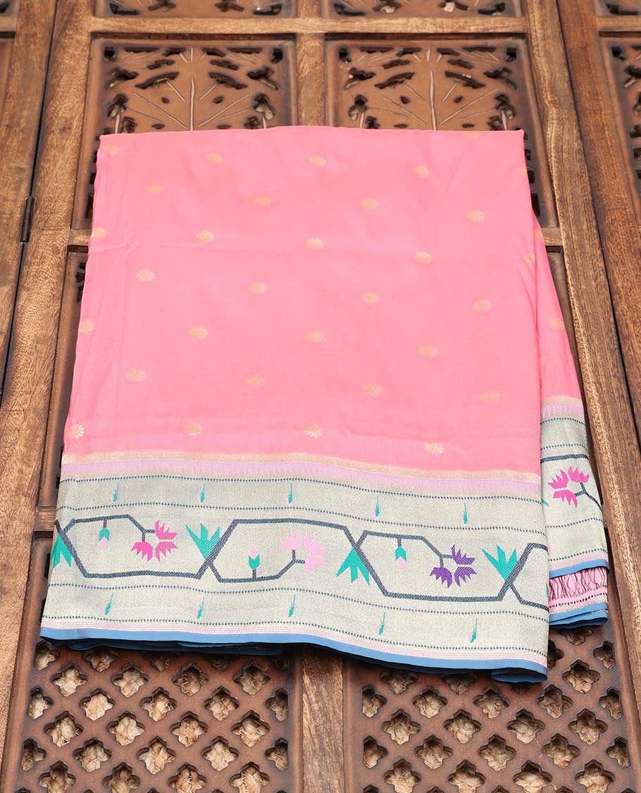 Pink Semi banaras paithani silk saree with buttas, contrast border & pallu of paithani-style intricate designs