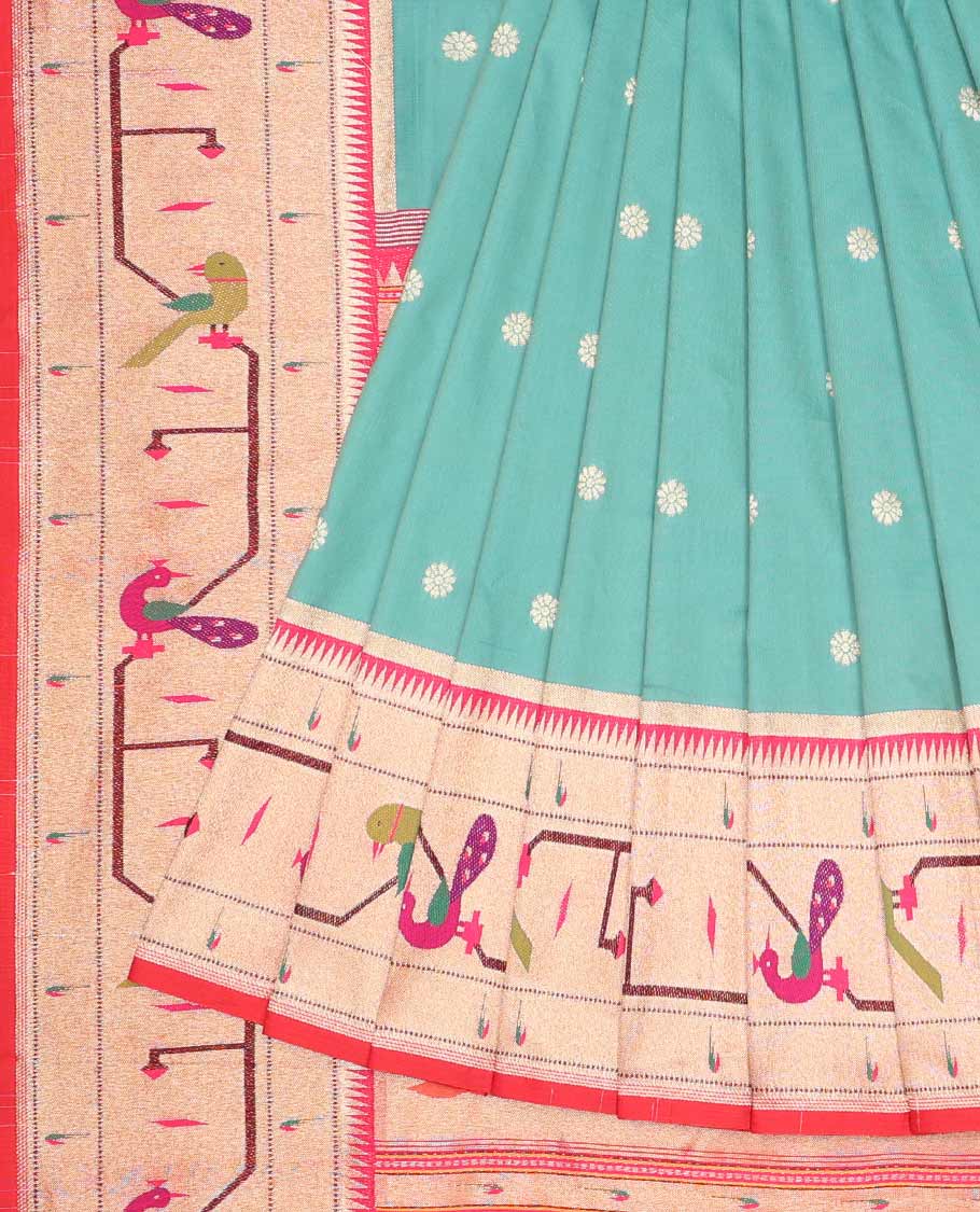 Green Semi banaras paithani silk saree with flower buttas, contrast paithani-style border&pallu of parrot&peacock design