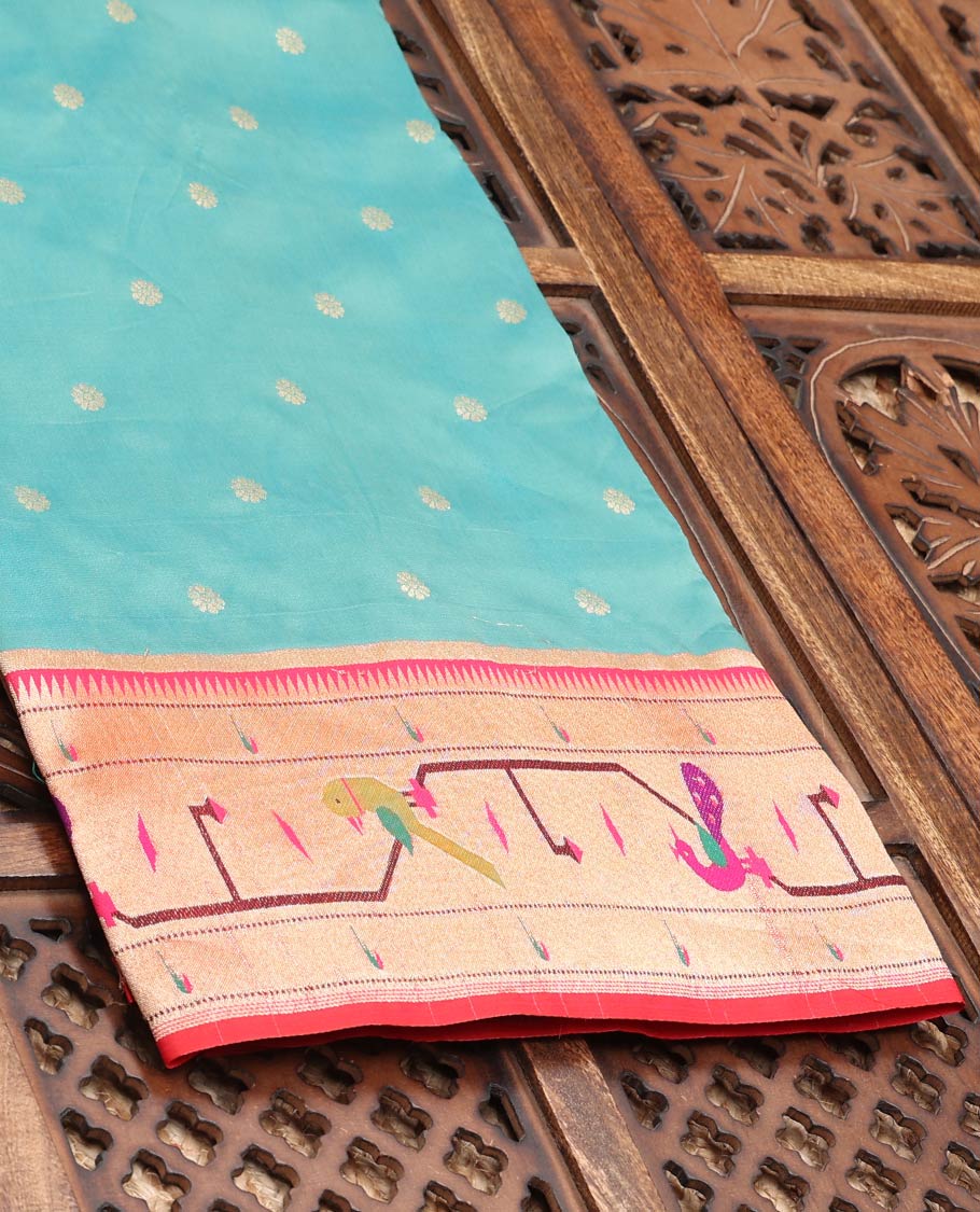 Green Semi banaras paithani silk saree with flower buttas, contrast paithani-style border&pallu of parrot&peacock design