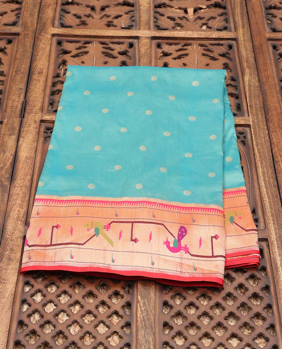 Green Semi banaras paithani silk saree with flower buttas, contrast paithani-style border&pallu of parrot&peacock design