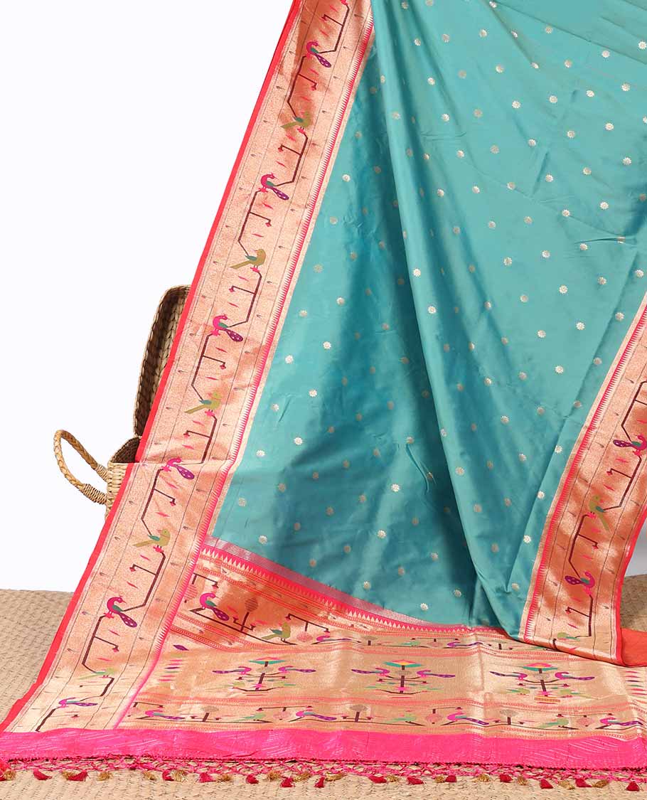 Green Semi banaras paithani silk saree with flower buttas, contrast paithani-style border&pallu of parrot&peacock design