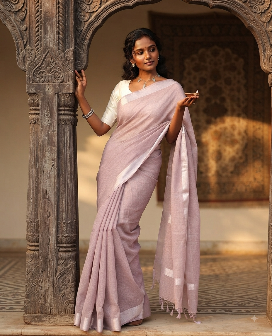 Onion Pink Linen Cotton Saree, Adorned with Gold Zari Stripes, Plain Border, a Self-Pallu, and No Blouse