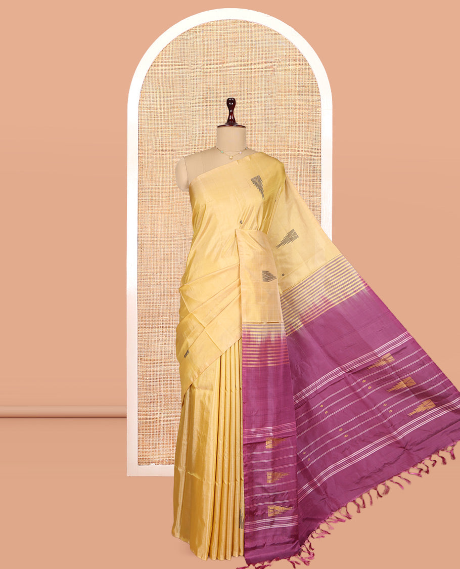 Borderless Gold Banana Pith Saree, Woven with Temple Buttas, a Contrast Pallu of Stripes and Temple Design, and a Contrast Blouse