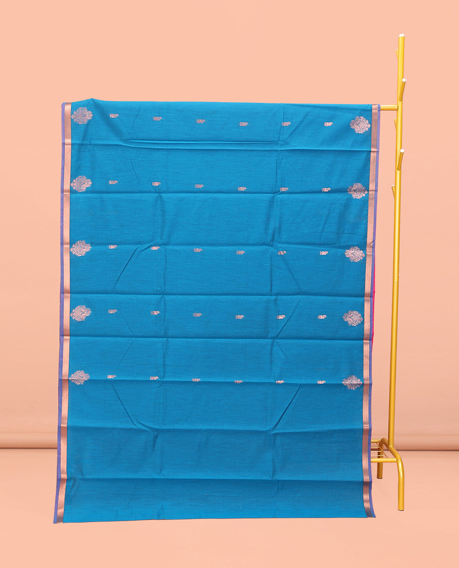 Blue Semi-Silk Cotton Saree, Enthralled with Zari Buttas All Over Its Body, a Subtle Zari Piping Border, Complemented by Contrast Pallu of Zari Butta Enclosed Checked Design, and Paired with a Contrast Blouse