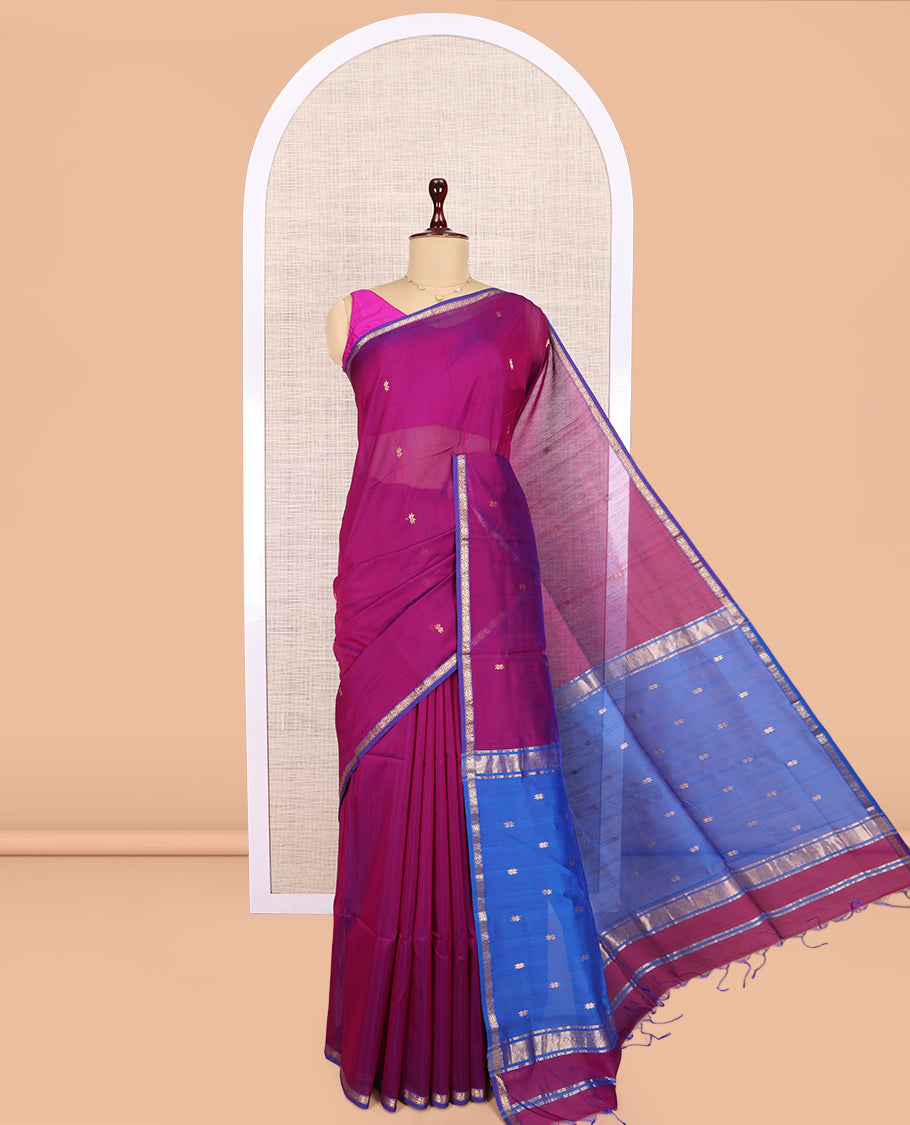 Magenta Maheshwari Cotton Saree, Graced with Buttas, a Subtle Contrast Piping Zari Border, Pallu Gleamed Up with Zari Buttas, and Contrast Blouse