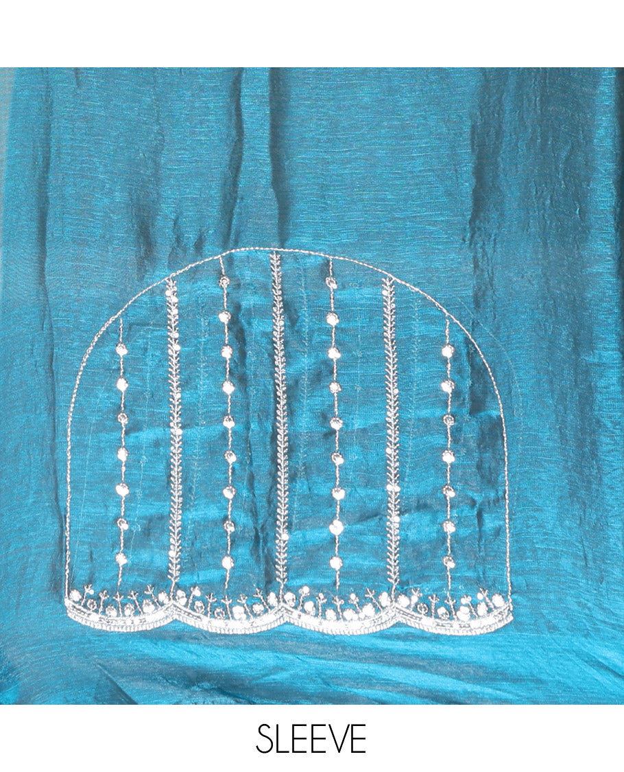 Blue Fendy Chiffon Saree Highlighted with Sequins and Thread Stripes Embroidery, Scallop Embroidered Border, Elegantly Embroidered Pallu, and Paired with a Matching Blouse