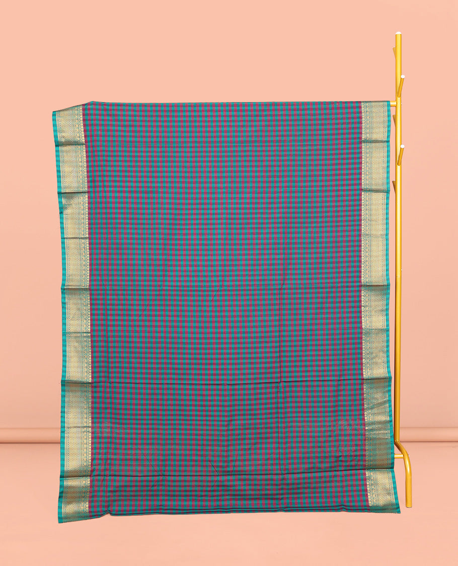 Blue-Red Chettinad Cotton Saree, Features Micro-Checks, Highlighted by Traditional Zari Border, Striped Pallu, and No Blouse