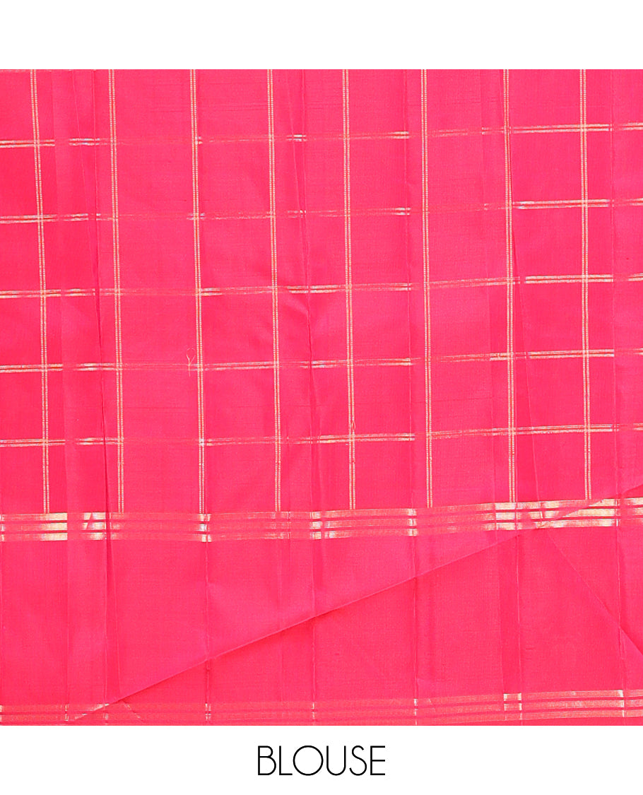 Pink Kanchipuram Silk Saree, Adorned with Mayil-Chakram Butta Enclosed Checks, a Zari Bodi Border, Zari Grand Pallu, and a Matching Blouse