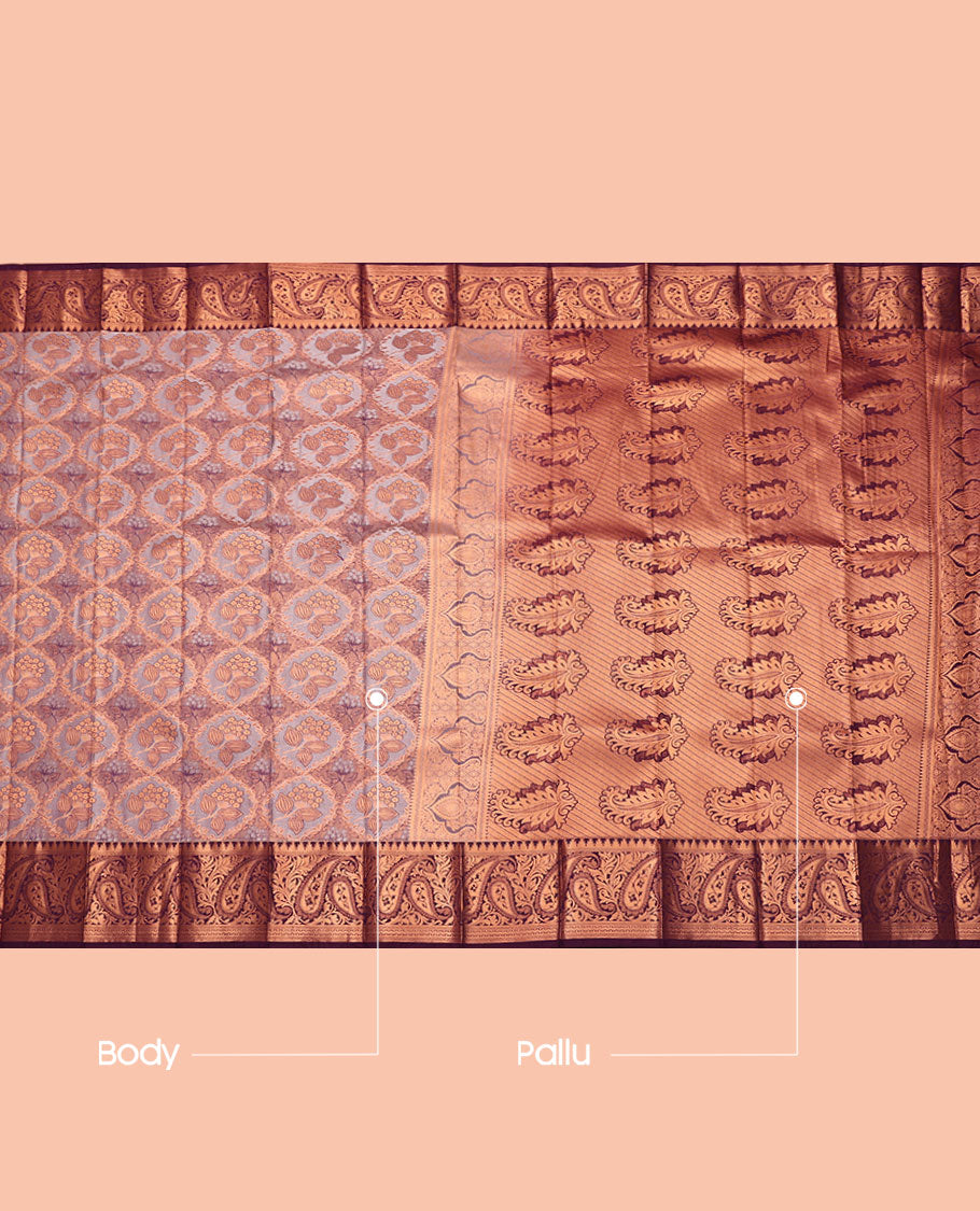 Grey Budget Silk Saree, Woven with Jacquard, Complemented by Contrast Paisley Zari Border, Grand Jaal Pallu, and a Contrast Blouse