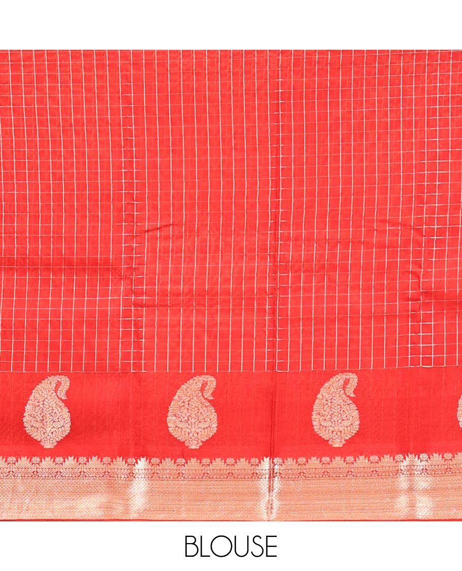 Orange Assam Silk Saree, Embellished with Checks, Complemented by Contrast Traditional Paisley Zari Design Border, Zari Striped Pallu, and a Contrast Blouse