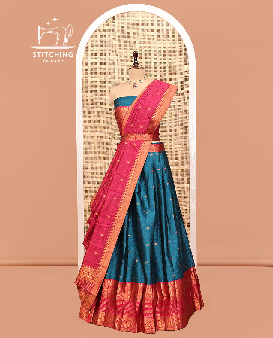 Blue Art Silk Half Saree, Delicately Woven with Embossed and Buttas Skirt, Contrast Traditional Border, Matching Blouse, and a Contrast Dhavani