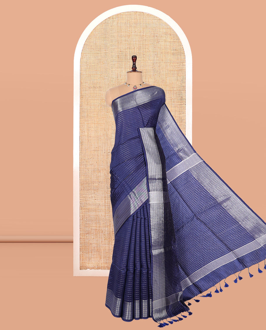 Blue Banana Pith Saree, Enriched with Zari Stripes, a Zari Border, Checked Pallu, and Matching Blouse