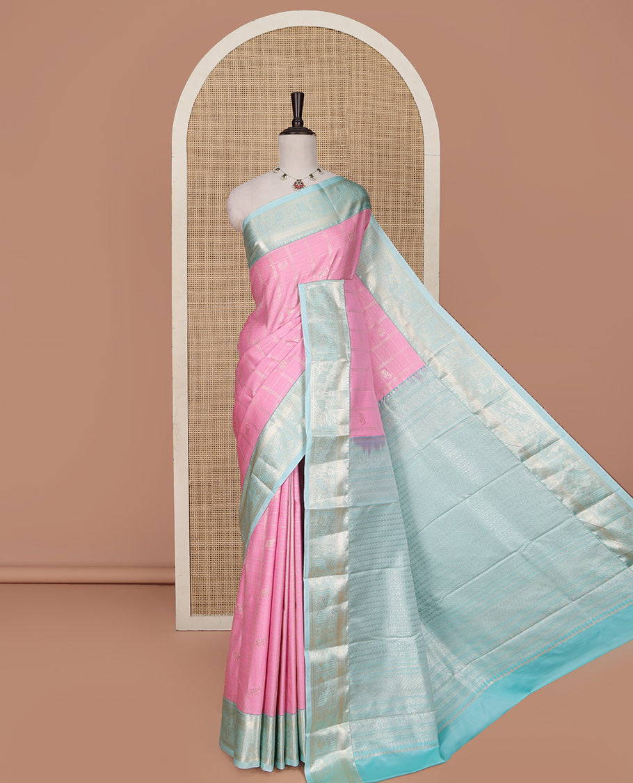 Pink Budget Silk Saree, Woven with Peacock-Elephant Butta Enclosed Checks on Its Body, Complemented by a Contrast Traditional Zari Design Border, Sparsely Sparkled Pallu, and Paired with a Contrast Blouse