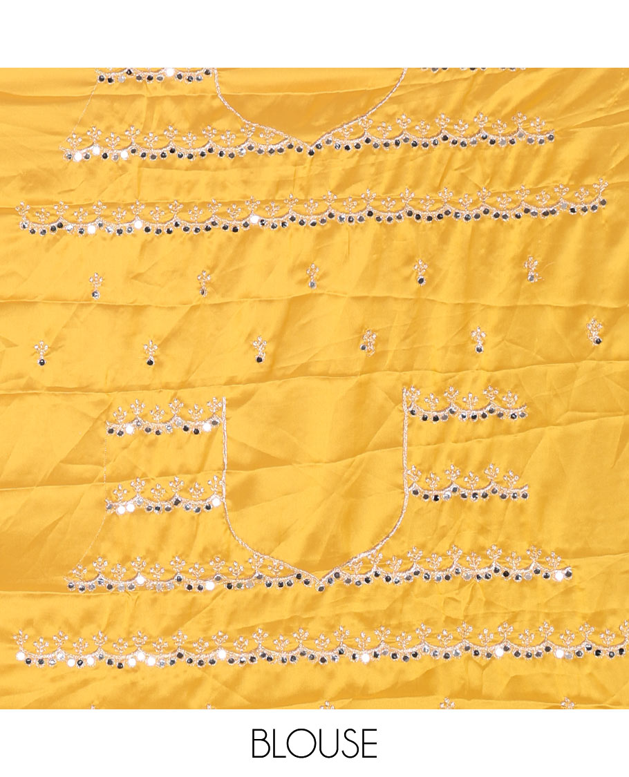 Cream floral motifs embroidered rangoli chiffon saree with mirror work border, embroidered pallu, and a contrast intricate scallop design embroidered blouse