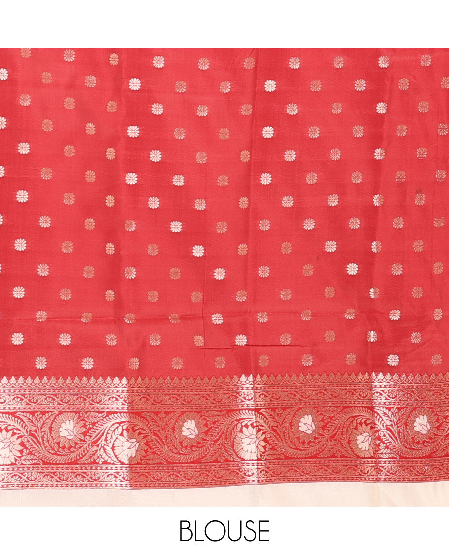 Cream-Red Elite Soft Silk Saree, Decorated with Zari Buttas, a Contrast Floral Creeper Border, Intricate Pallu, and a Contrast Blouse