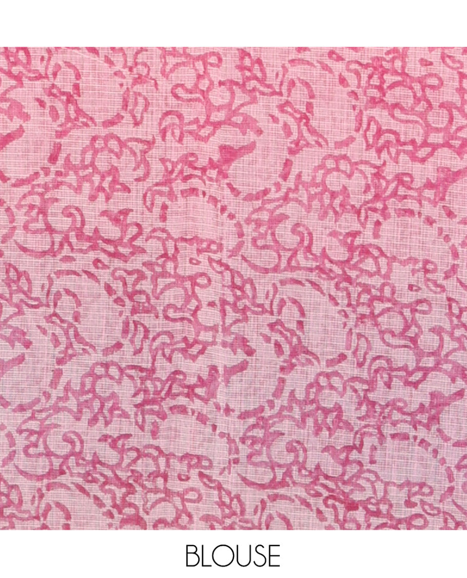 Pink Plain Ombre-Styled Kota Doria Saree, a Contrast Floral Printed Border, and a Contrast Printed Blouse