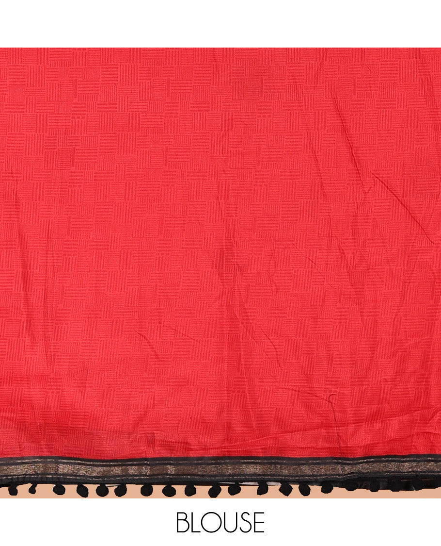 Black Chanderi Cotton Saree, Steeped with Small and Big Polka Dots on Its Body, Subtle Pom-Pom Tasseled Border, a Self-Pallu, and Paired with a Contrast Blouse