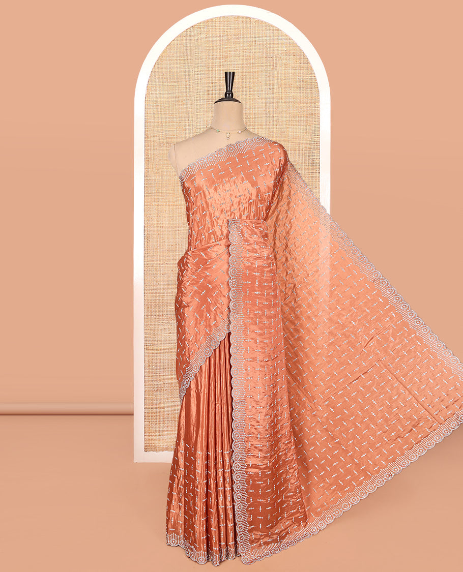 Orange Designer Saree, Charmingly Accented with Stonework, a Scallop Stonework Border, and Matching Blouse