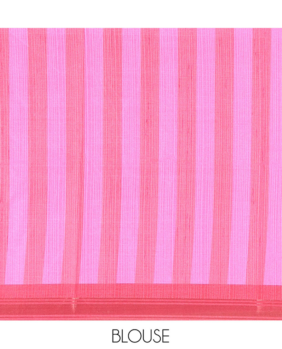 Chikku Manipuri Silk Saree, Subtly Woven with Vertical Stripes All Over Its Body, Complemented by Contrast Zari Border, Sparsely Striped Pallu, and Paired with a Contrast Blouse