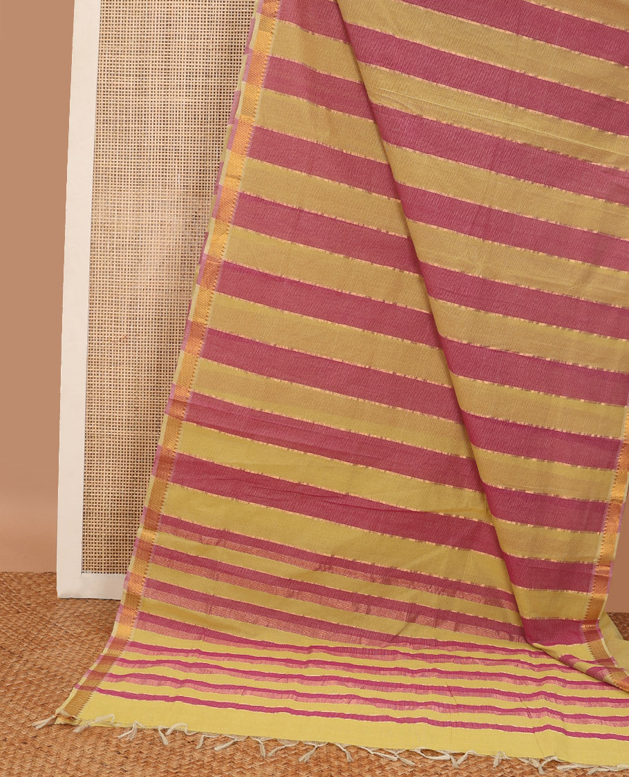 Green with red striped mangalagiri cotton saree with self zari design border