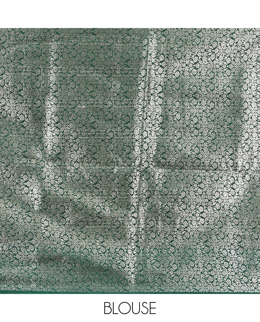 Green Assam Silk Saree, Finely Crafted with Zari Checks, Highlighted by a Floral Zari Border, Intricate Pallu, and a Matching Blouse