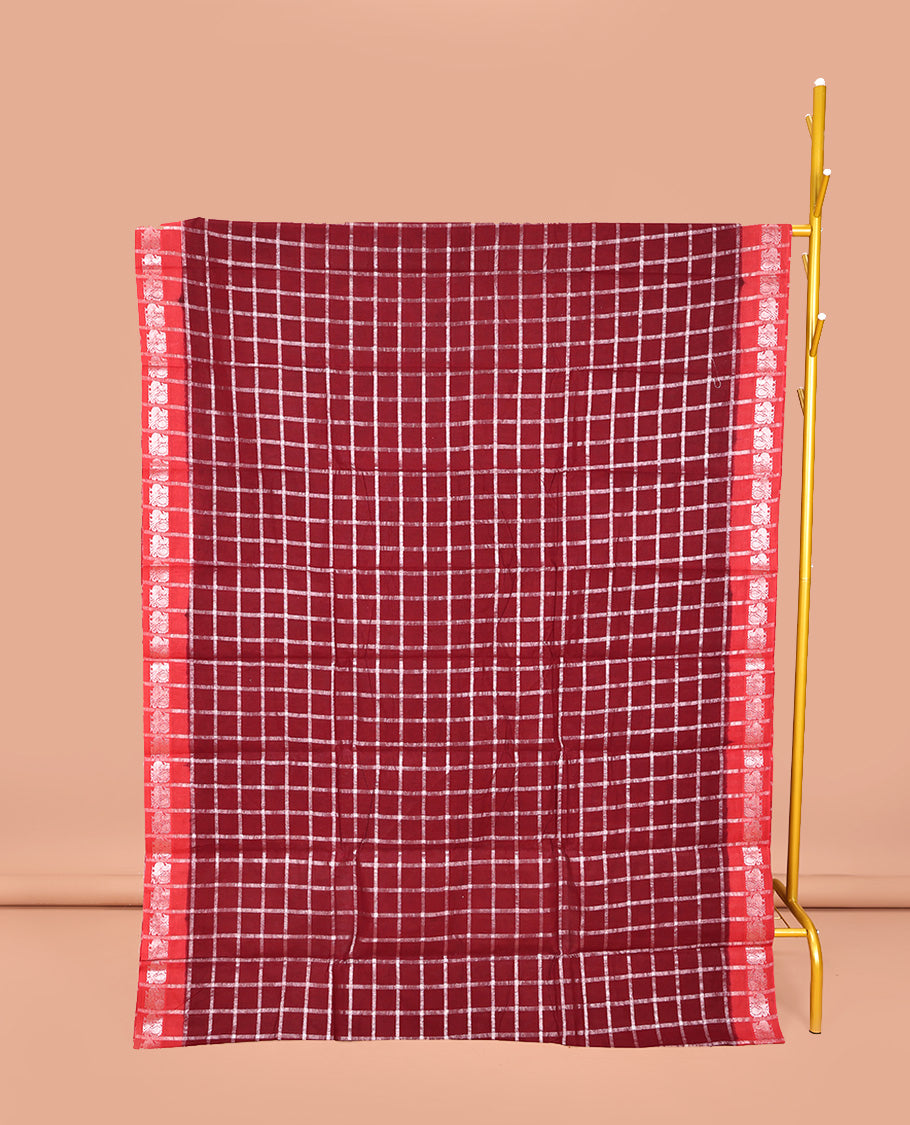Red Sungudi Cotton Saree, Adorned with Zari Checks on Its Body, Complemented by a Contrast Peacock Motifs Woven Zari Border, Zari-Checked Pallu, and Paired with a Contrast Blouse