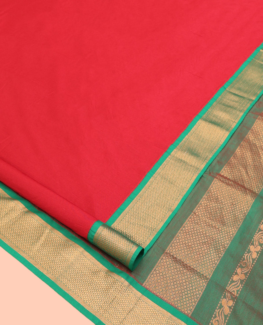 Red Plain Nine Yard Cotton Saree, Complemented by Contrast Then-Kuli Kann Zari Design Border, Pallu of Then-Kuli Kann Designs, and Comes Without a Blouse
