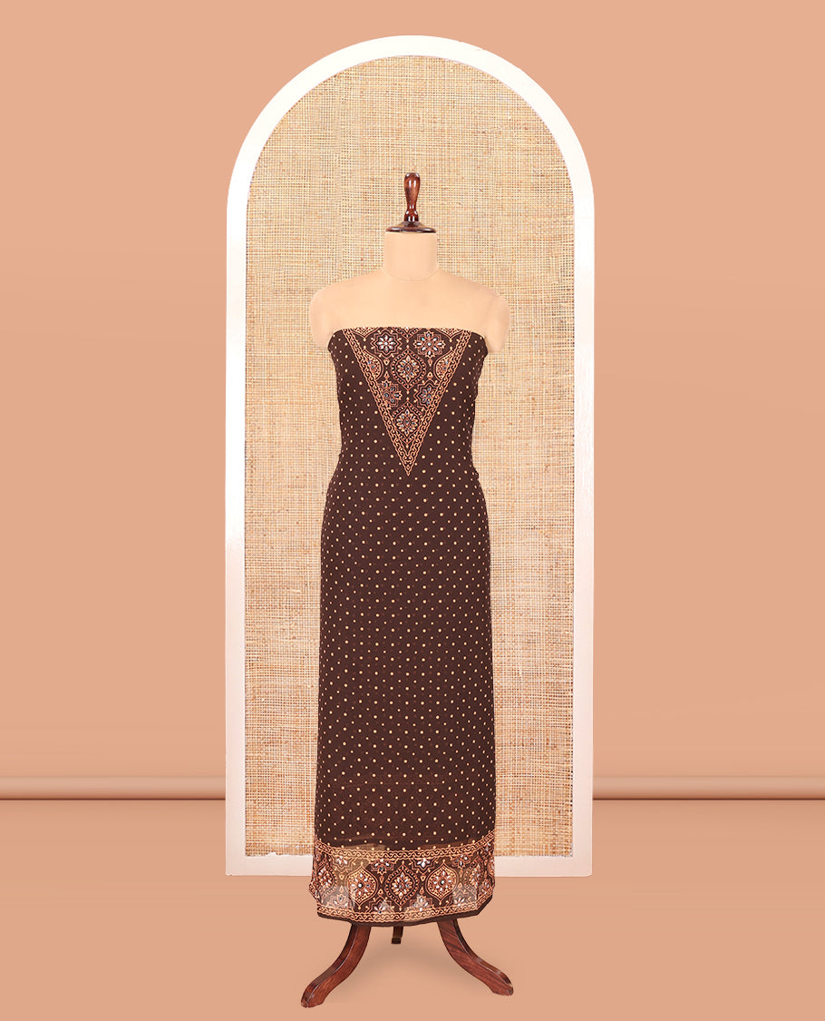 Coffee Brown Georgette Material Churidar Set, Polka Dot and Ajrakh Neck Work Top, a Matching Bottom, and Ajrakh Printed Dupatta