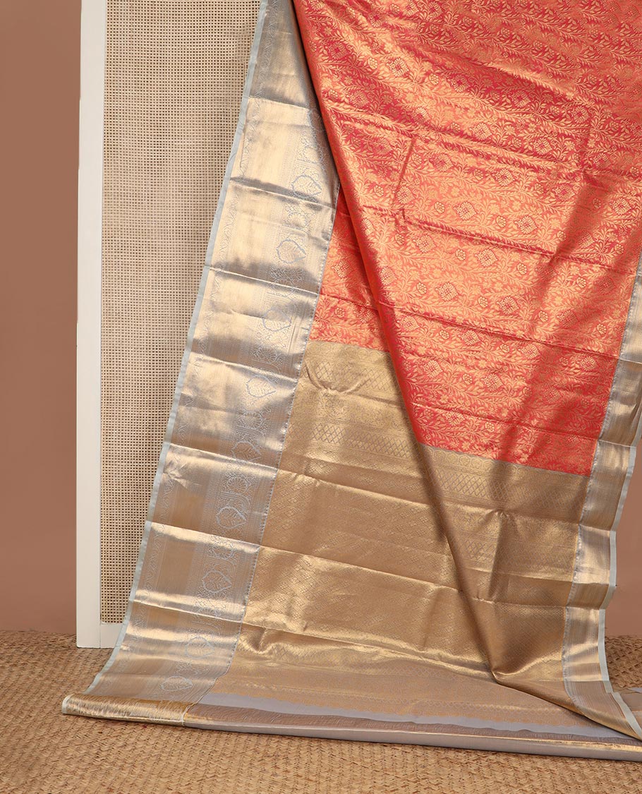 Red floral jacquard budget silk saree, contrast traditional zari border, and zari rich pallu