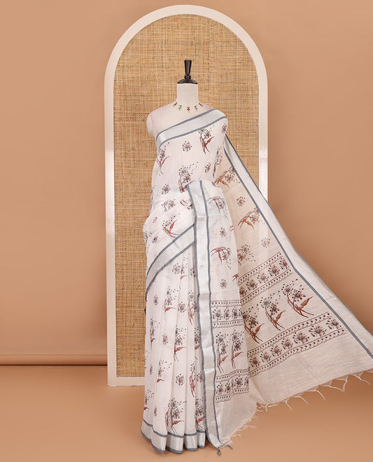 White-grey floral motifs printed Linen cotton saree, contrast Sliver zari bavanji border, floral print pallu & plain blouse