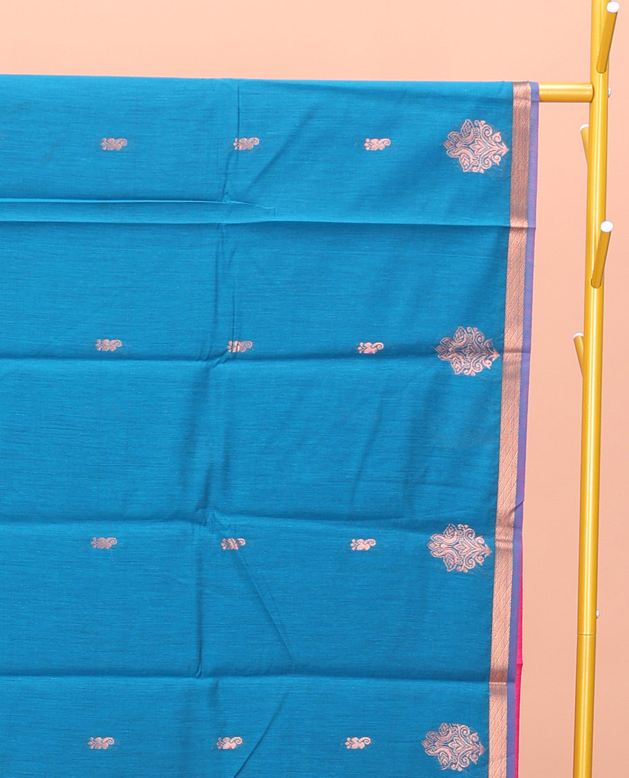Blue Semi-Silk Cotton Saree, Enthralled with Zari Buttas All Over Its Body, a Subtle Zari Piping Border, Complemented by Contrast Pallu of Zari Butta Enclosed Checked Design, and Paired with a Contrast Blouse
