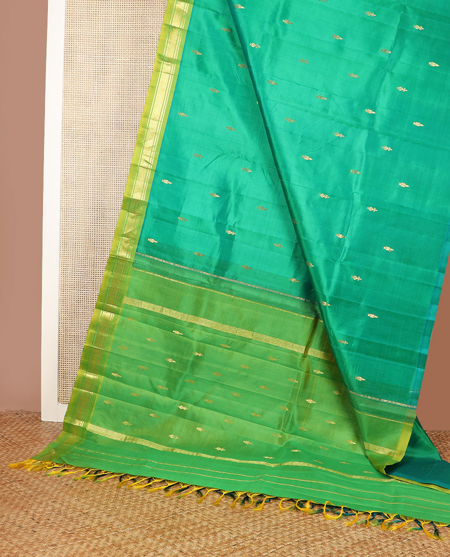 Green zari buttas Kanchipuram silk saree, contrast one-sided border of banaras, neli & jaal & zari design pallu