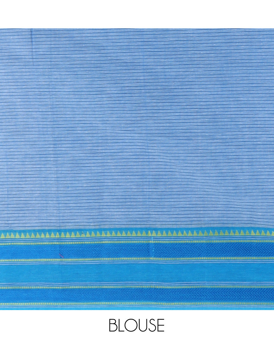Blue Striped Chettinad Cotton Saree, Contrast Traditional Thread Border, Striped Pallu, a Contrast Blouse