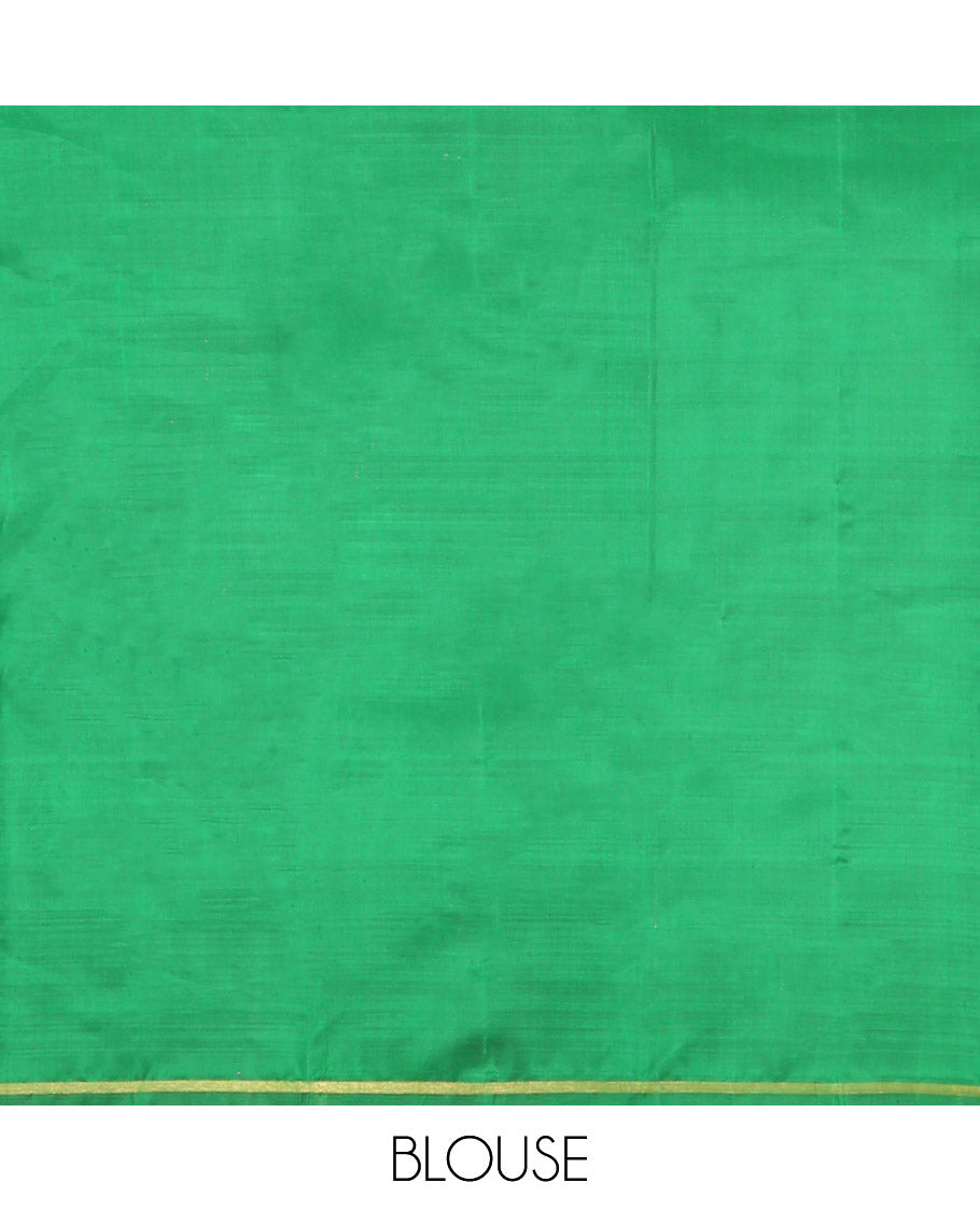 Borderless Mango Yellow Kanchipuram Silk Saree, Enriched with Floral Butta Enclosed, Subtle Zari Piping Border, Captivating Contrast Pallu of Intricate Designs, and Paired with a Contrast Blouse