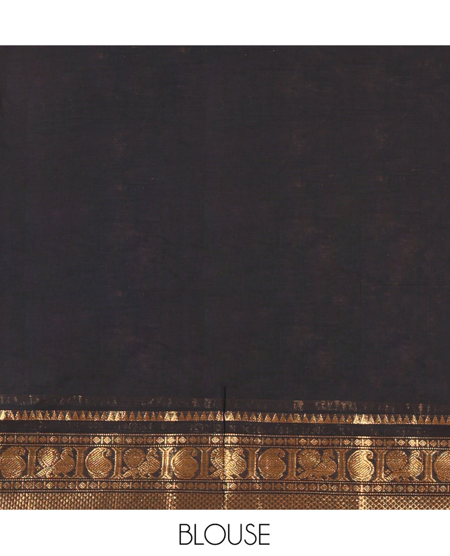 Black Plain Chettinad Cotton Saree, Highlighted by a Zari Traditional Border of Peacock and Paisley Designs, Subtly Striped Pallu, and Paired with a Matching Blouse