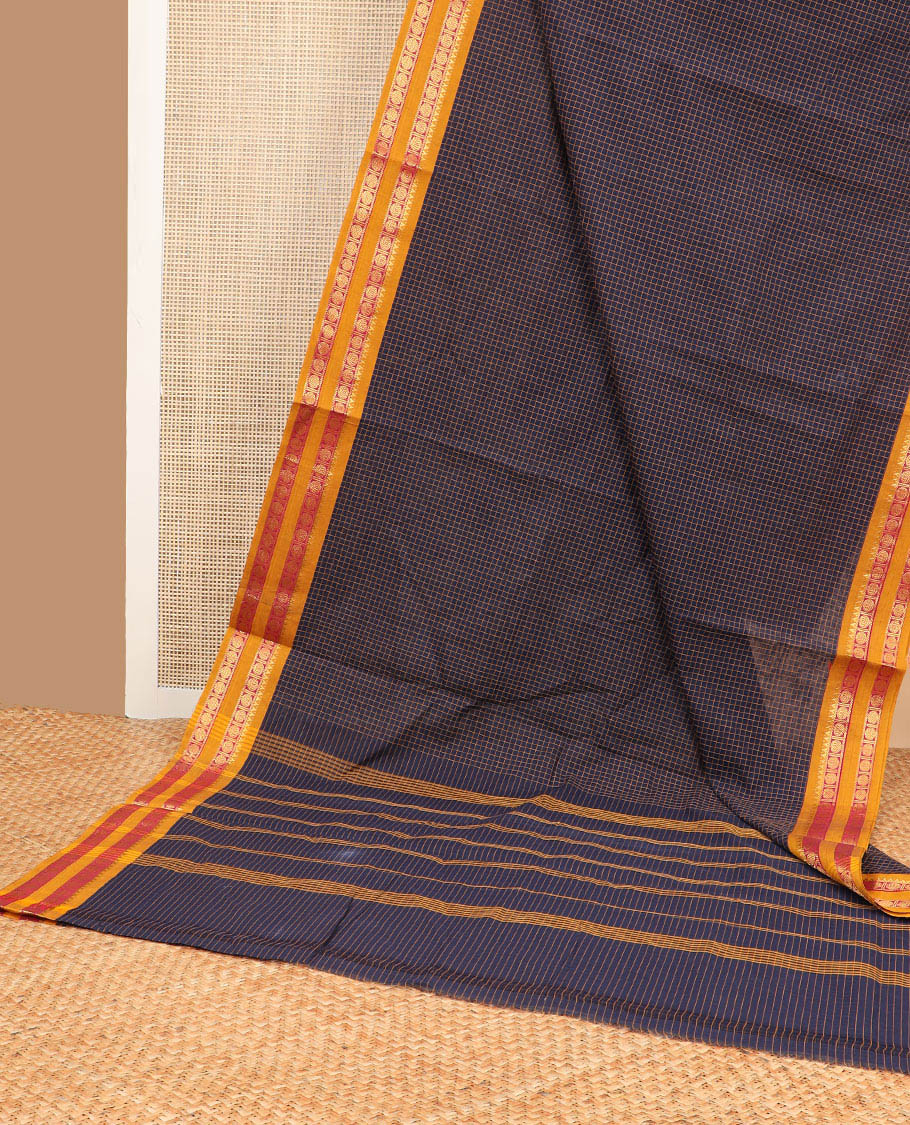 Blue checked nine yards cotton saree with traditional zari design border & checked pallu