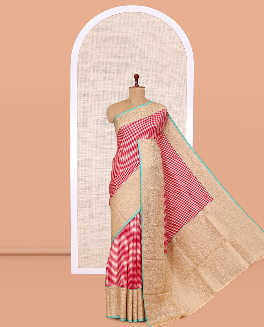 Red Micro Checks Fancy Mysore Silk Saree