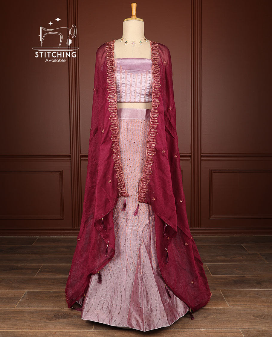 Mauve thread embroidery half saree with self border, thread embroidery blouse & floral embroidery scallop border dhavani