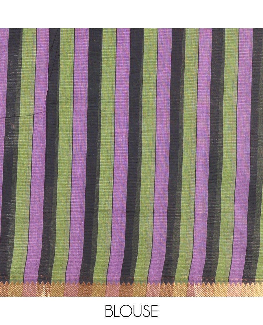 Black Striped Andhra Cotton Saree, Beautifully Bedecked with Floral Motifs Print, Highlighted by a Temple Zari Border, Contrast Striped Pallu, and a Contrast Blouse