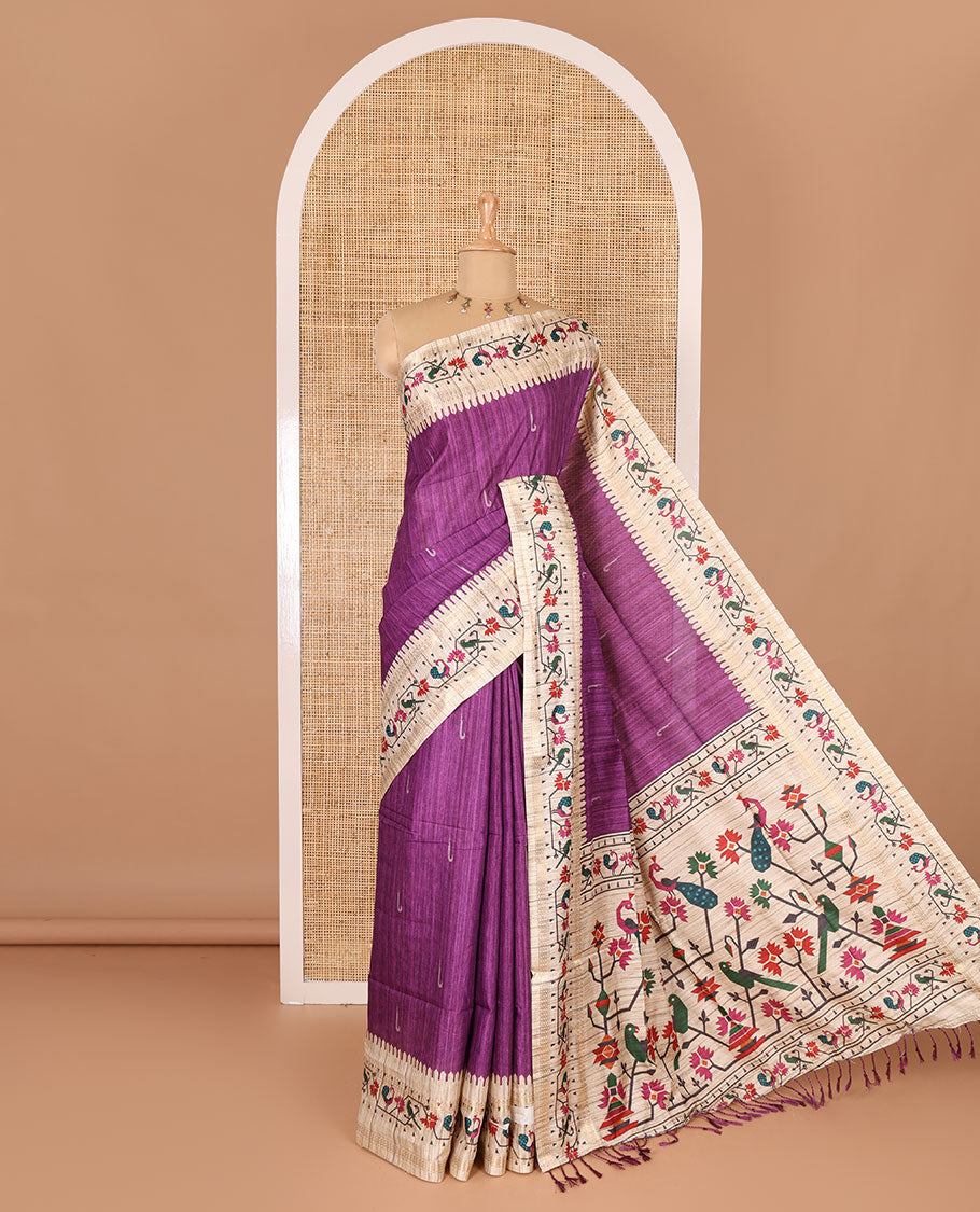 Dark violet muniya motifs katan silk saree, contrast paithani style border, pallu and blouse steeped with peacock, parrot, and floral motifs,