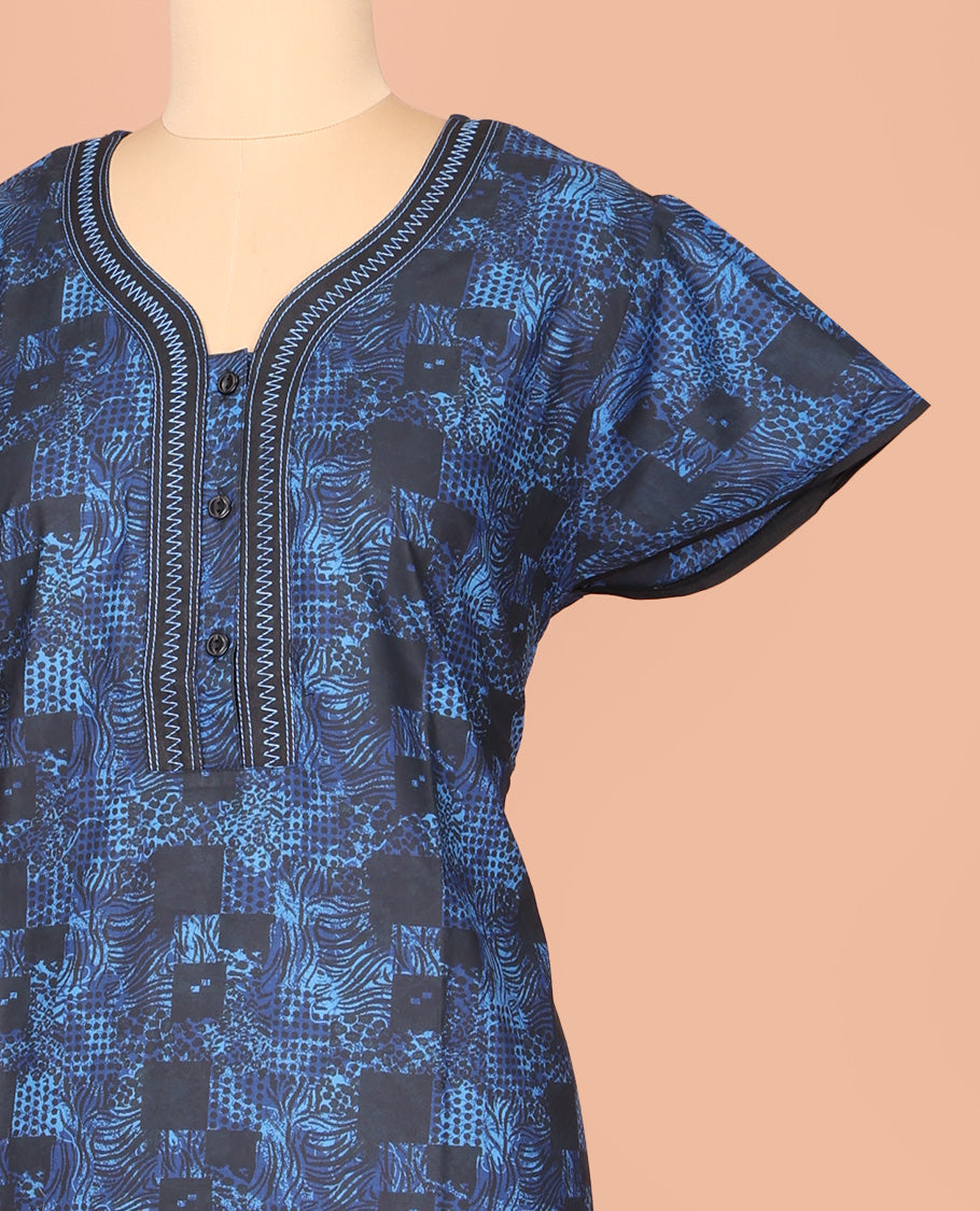 Blue Cotton Nighty Delicately Printed with Floral-Geometric, Featuring Lace Work, Unique Front Neck, and Half Sleeves