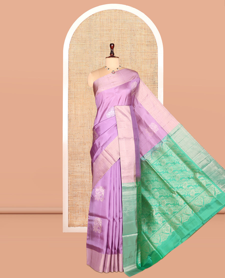 Lavender Semi Uppada Saree, Accentuated with Zari Buttas, a Bavanji Border, Contrast Floral Pallu, and a Contrast Blouse