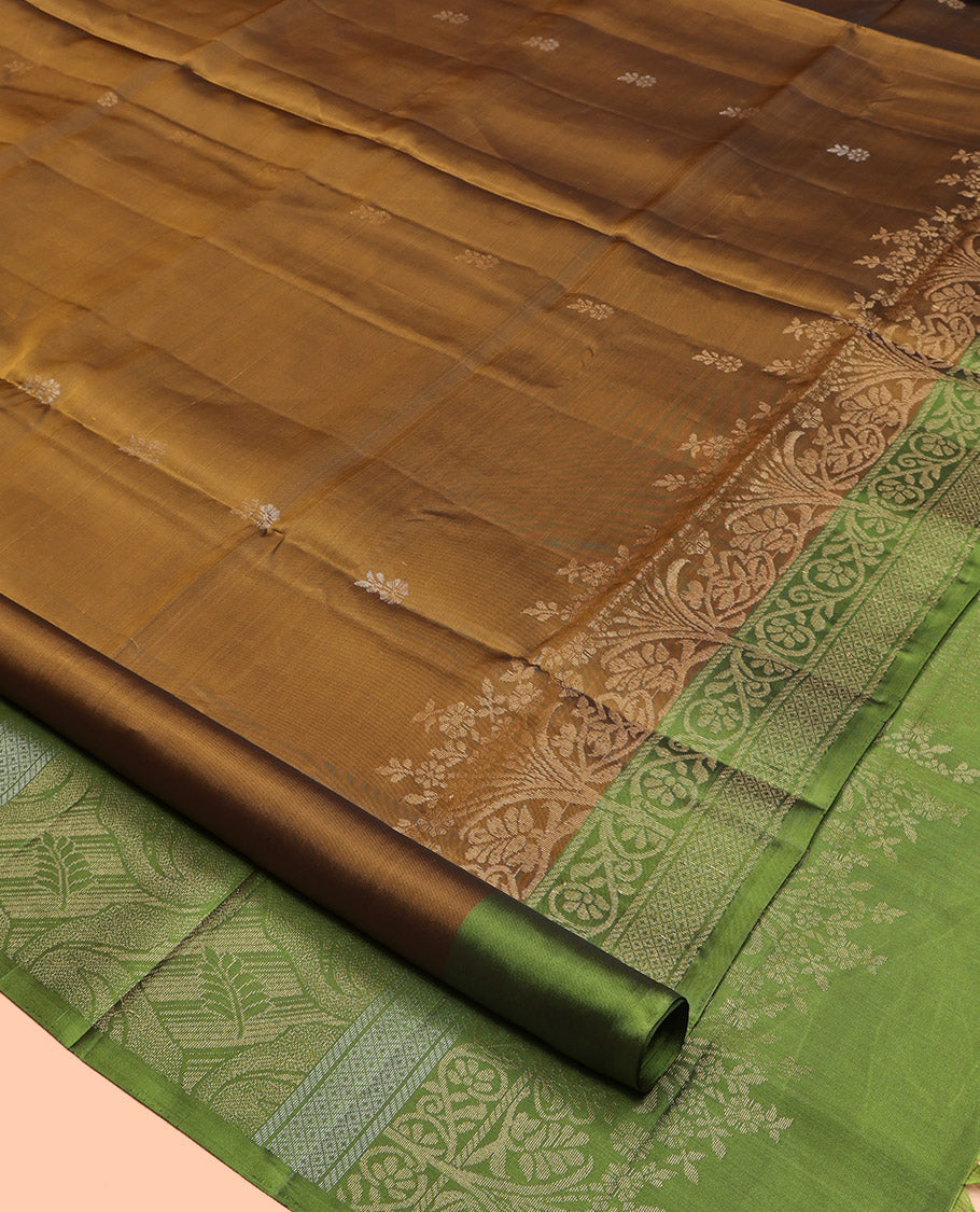 Brown Mayuri Lite Silk Mix Saree, Finely Crafted with Zari Buttas, Contrast Border of Floral Creeper Design, Pallu of Intricate Designs, and a Contrast Blouse