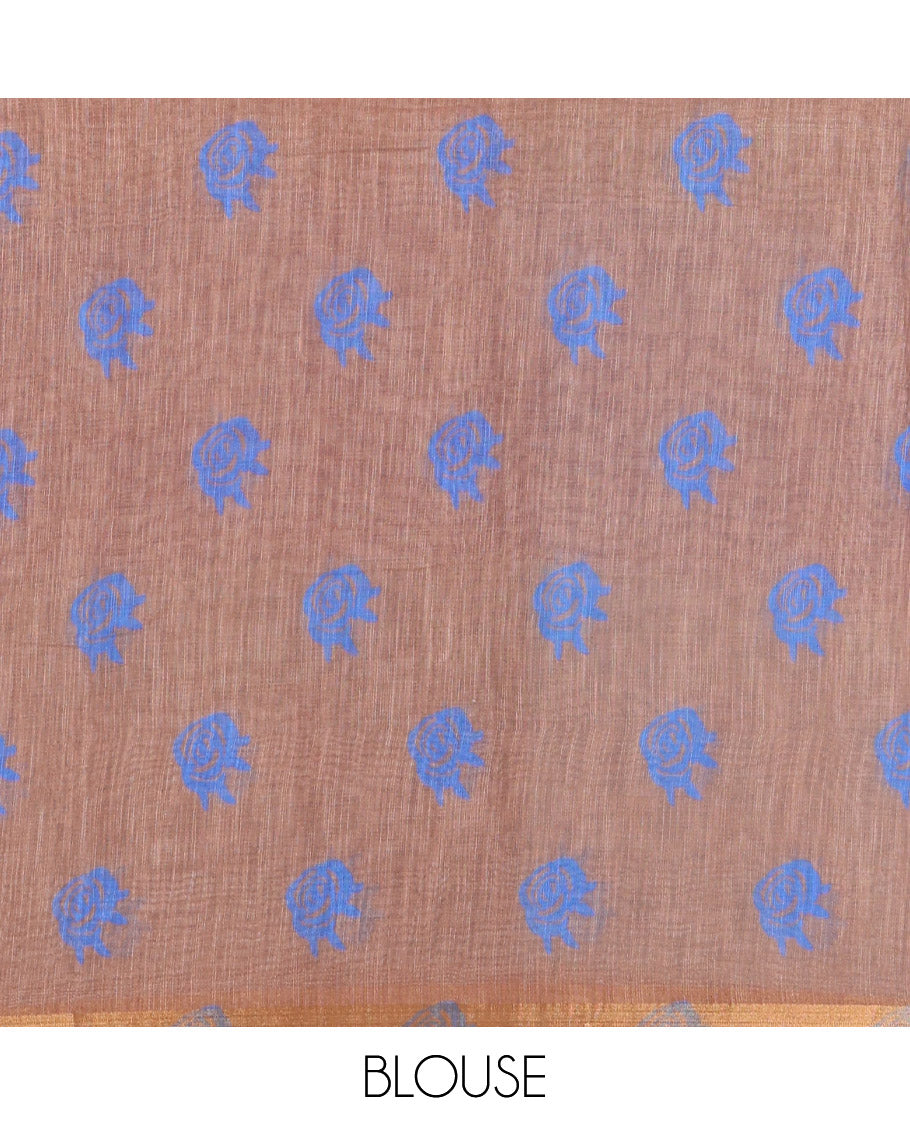 Borderless Blue Linen Cotton Saree, Embellished with Macro-Checked Design on Its Body, a Self-Pallu, and Paired with a Contrast-Printed Blouse