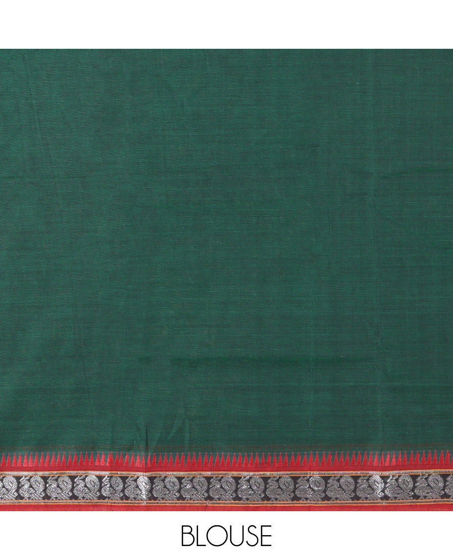 Green Plain Mercerized Cotton Saree, a Contrast Peacock Temple Thread Border, Striped Pallu, and a Matching Blouse