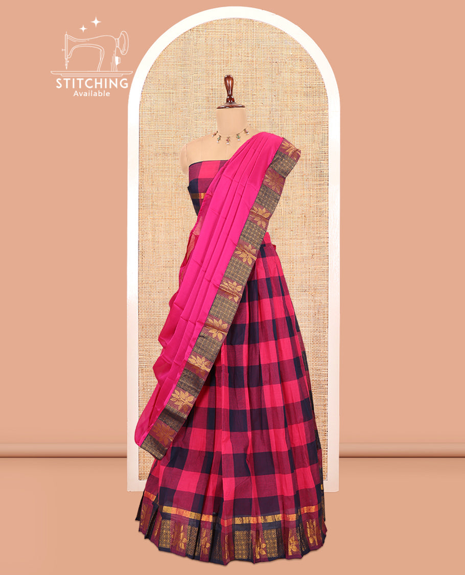 Rani Pink-Navy Blue Checked Chettinad Cotton Half-Saree