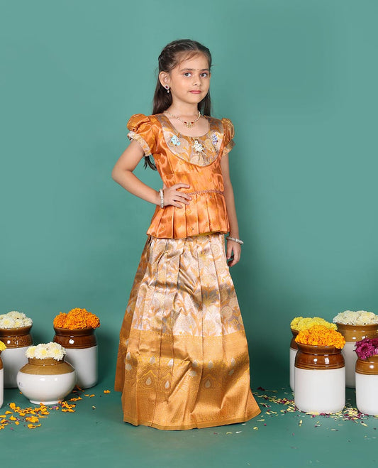 Grey art silk readymade pavadai set, floral jacquard with contrast traditional zari border skirt, contrast embroidered puff-sleeve blouse