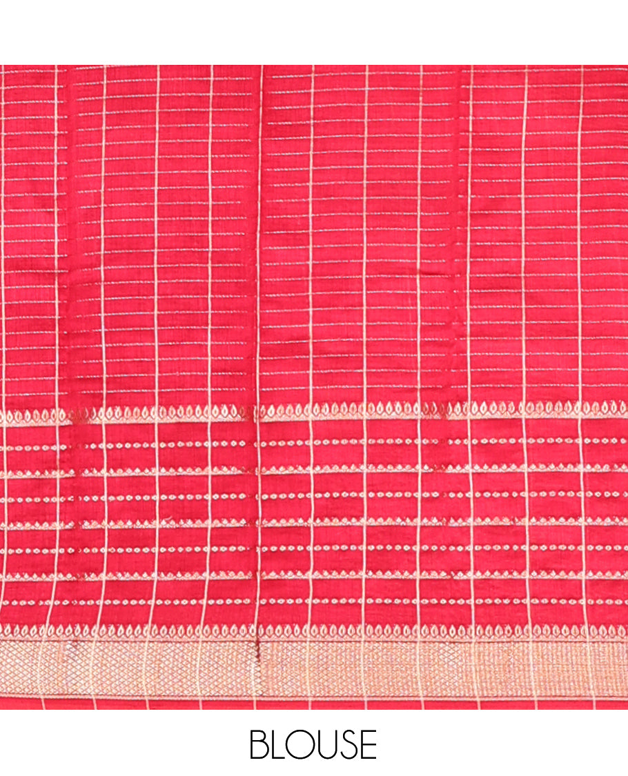Orange Assam Silk Saree, Masterfully Woven with Zari Checks, Highlighted by a Traditional Zari Border, Striped Pallu, and a Matching Blouse