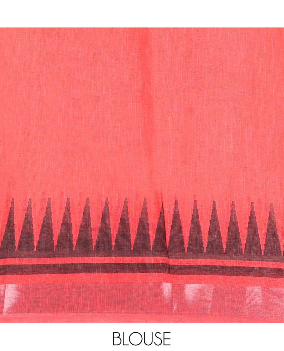 Cream Plain Linen Cotton Saree, Complemented by a Contrast Zari Temple Border, Contrast Pallu, and a Contrast Blouse