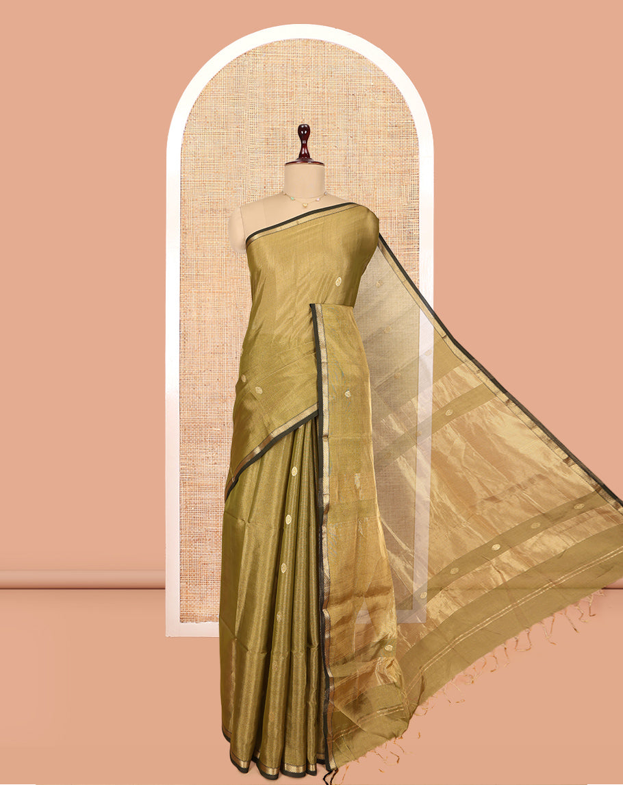 Green Maheshwari Cotton Saree, Crafted with Zari Buttas, a Contrast Zari Piping Border, Gleaming Zari Striped Pallu, and a Matching Blouse